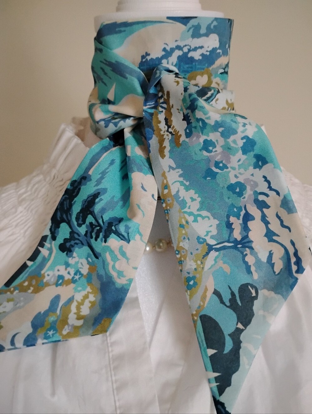 Liberty Art Fabric Tana Lawn Skinny Scarf Coastal Landscape Blue Sailboat Beach - Picture 7 of 15